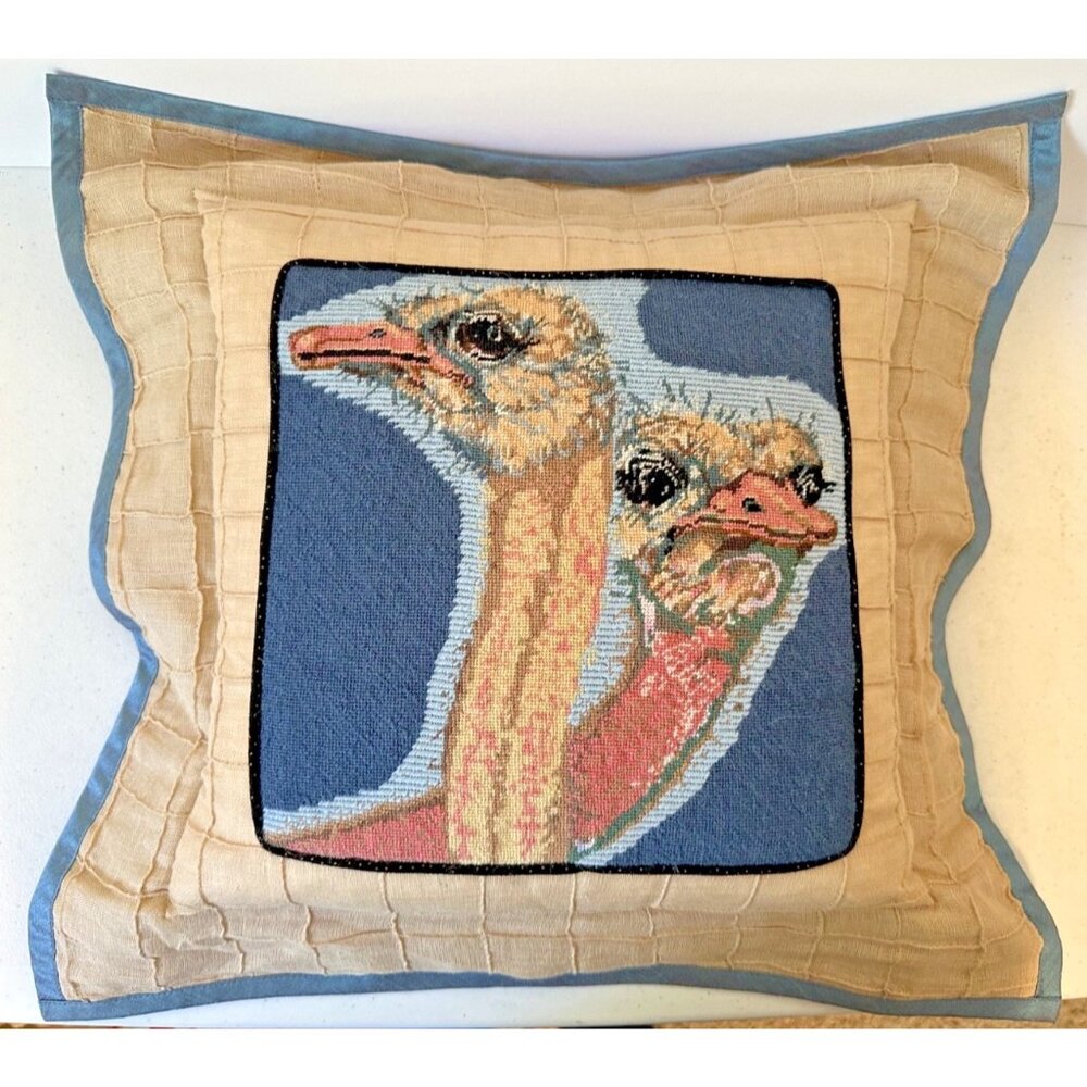 Ostrich throw pillow needlepoint embroidered cross stitch blue brown emu 19x19